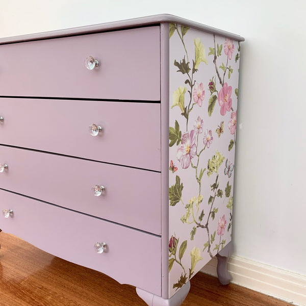 Lilac upcycled chest of drawers with floral side detail side view