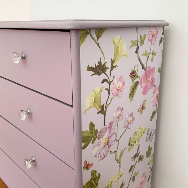 Close up of floral side detail on upcycled drawers