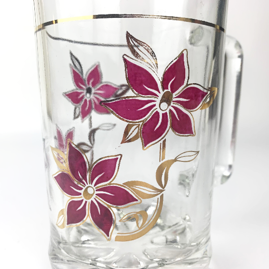 Italian vintage glass jug with burgundy flowers