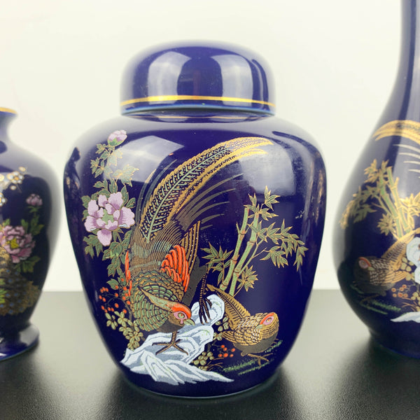 Japanese cobalt blue vase and ginger jar decor set - Set of 3