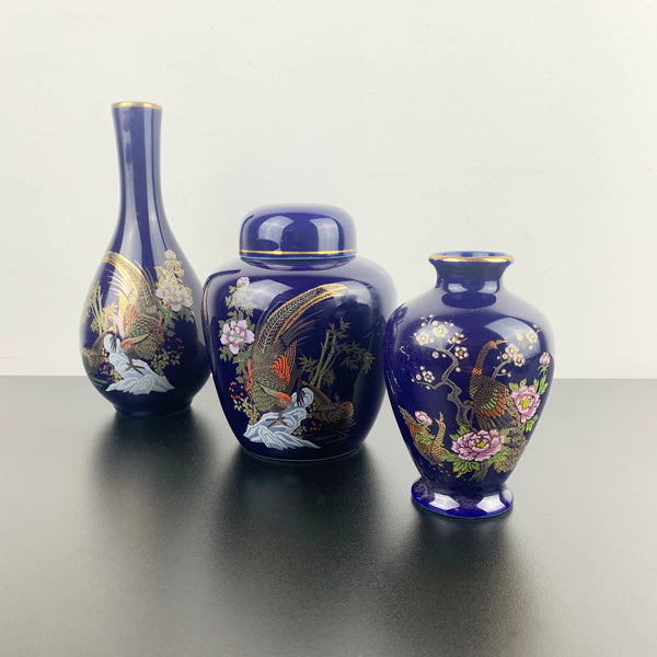 Japanese cobalt blue vase and ginger jar decor set - Set of 3