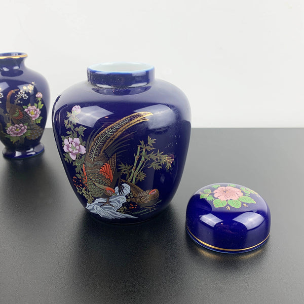 Japanese cobalt blue vase and ginger jar decor set - Set of 3