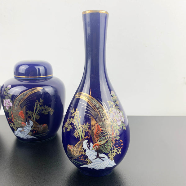 Japanese cobalt blue vase and ginger jar decor set - Set of 3