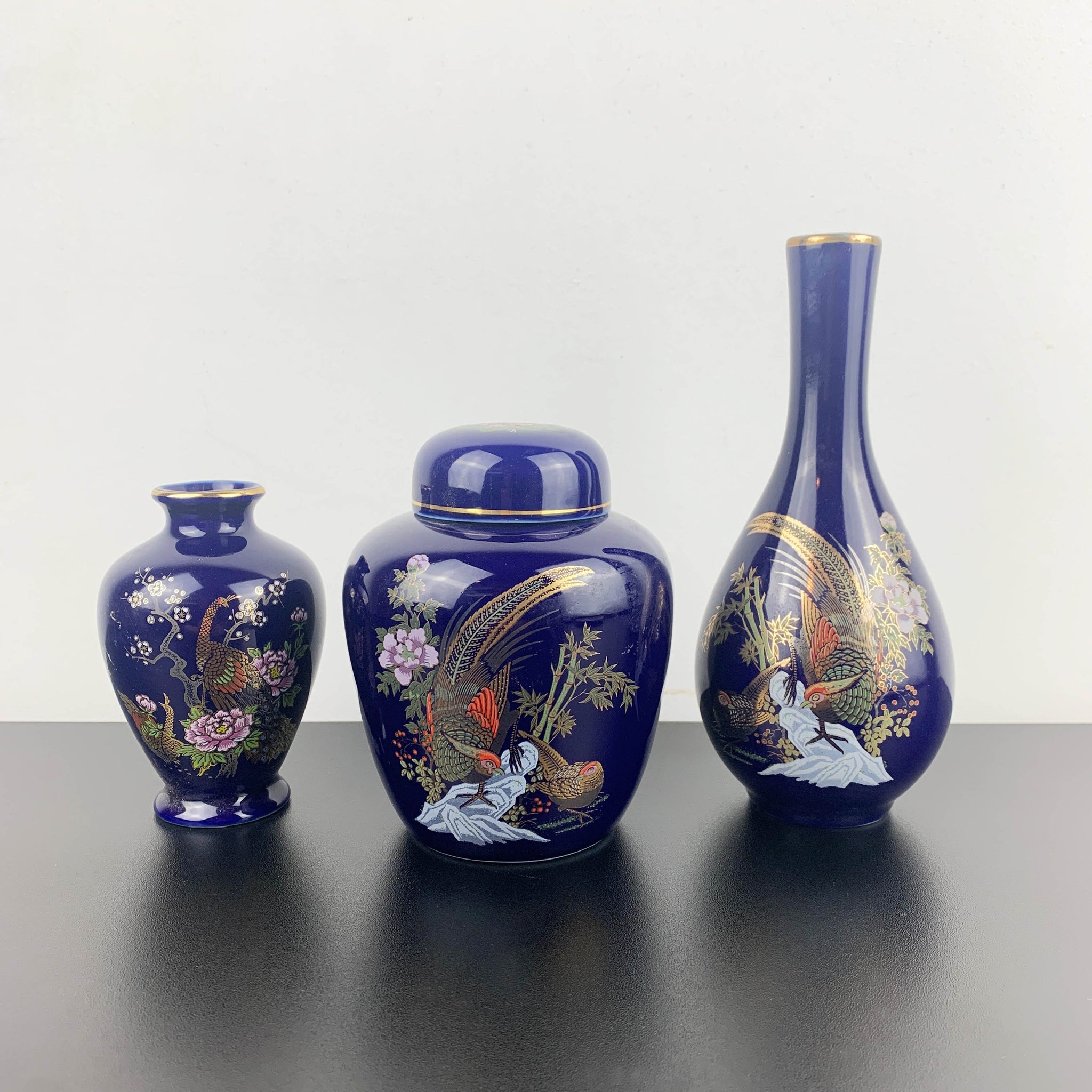 Japanese cobalt blue vase and ginger jar decor set - Set of 3