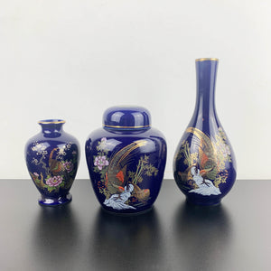 Japanese cobalt blue vase and ginger jar decor set - Set of 3
