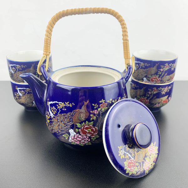 Japanese blue peacock tea pot with 4 cups