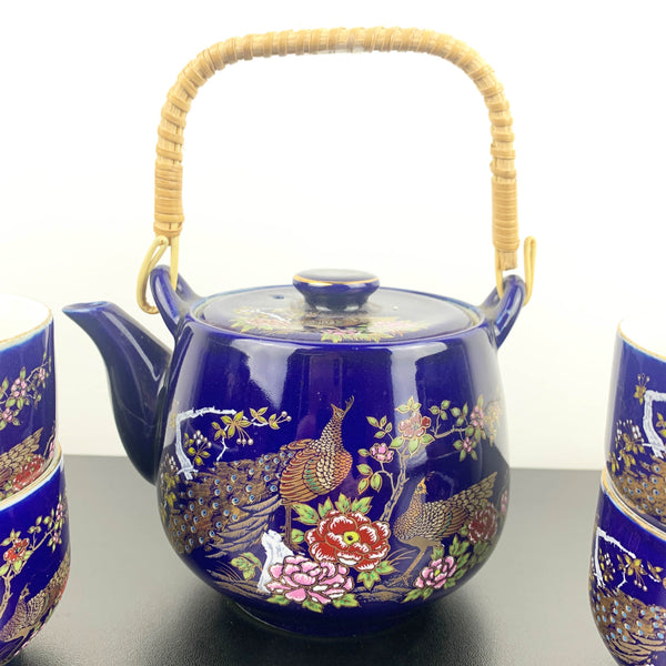 Japanese blue peacock tea pot with 4 cups