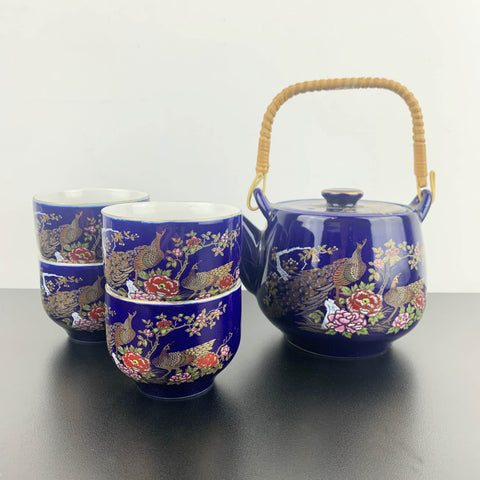 Japanese blue peacock tea pot with 4 cups