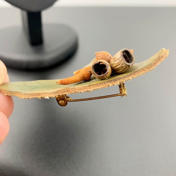 Vintage leather gum leaf and gum nut brooch