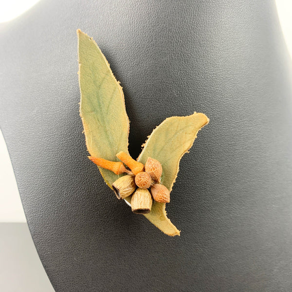 Vintage leather gum leaf and gum nut brooch