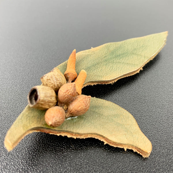 Vintage leather gum leaf and gum nut brooch