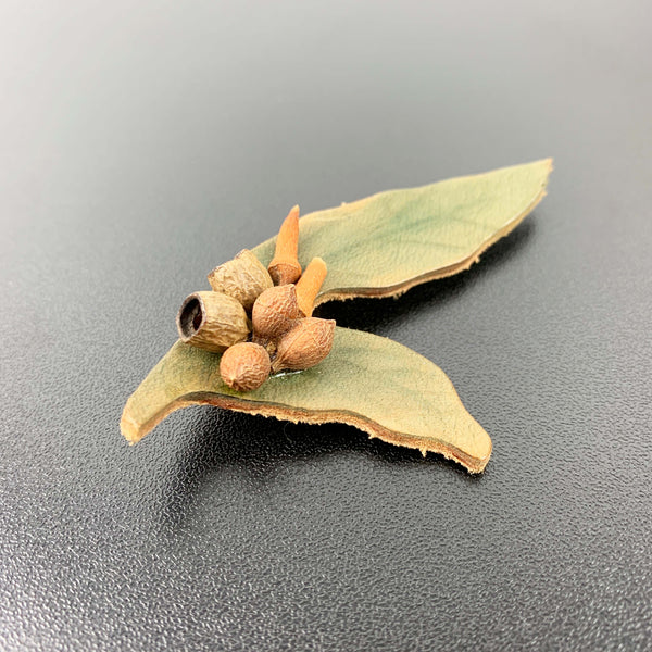 Vintage leather gum leaf and gum nut brooch
