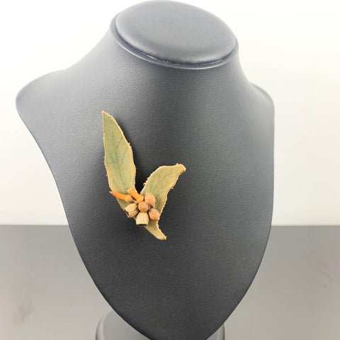 Vintage leather gum leaf and gum nut brooch