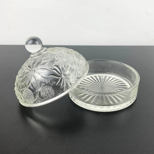 Glass butter dish with domed embossed floral lid