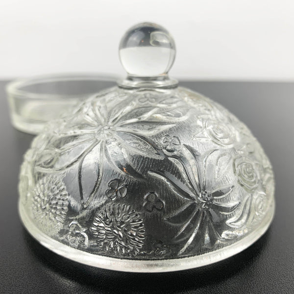 Glass butter dish with domed embossed floral lid