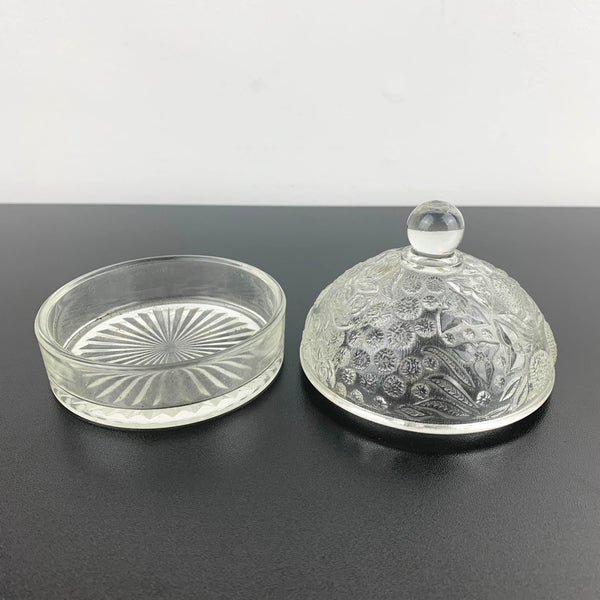 Glass butter dish with domed embossed floral lid