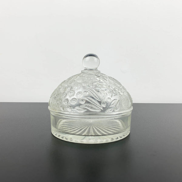 Glass butter dish with domed embossed floral lid