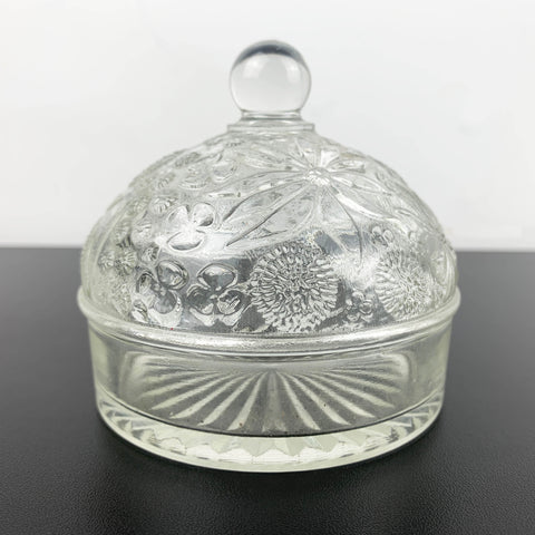 Glass butter dish with domed embossed floral lid