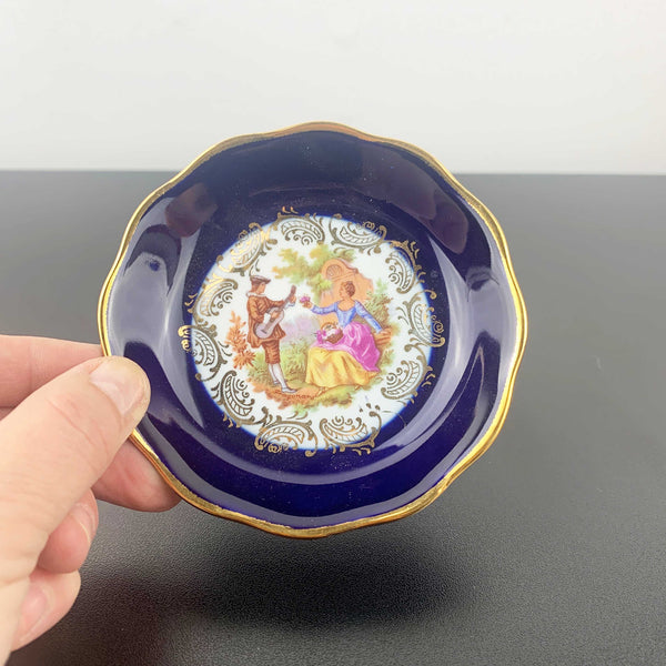 Limoges France navy and gold Victorian courting couple scene pin dish