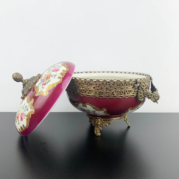 Limoges hand painted porcelain and gilt bronze lidded compote