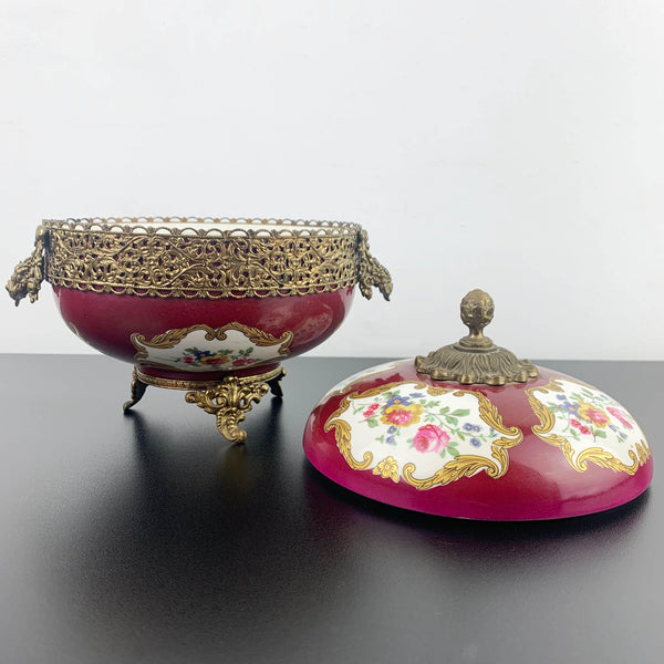 Limoges hand painted porcelain and gilt bronze lidded compote