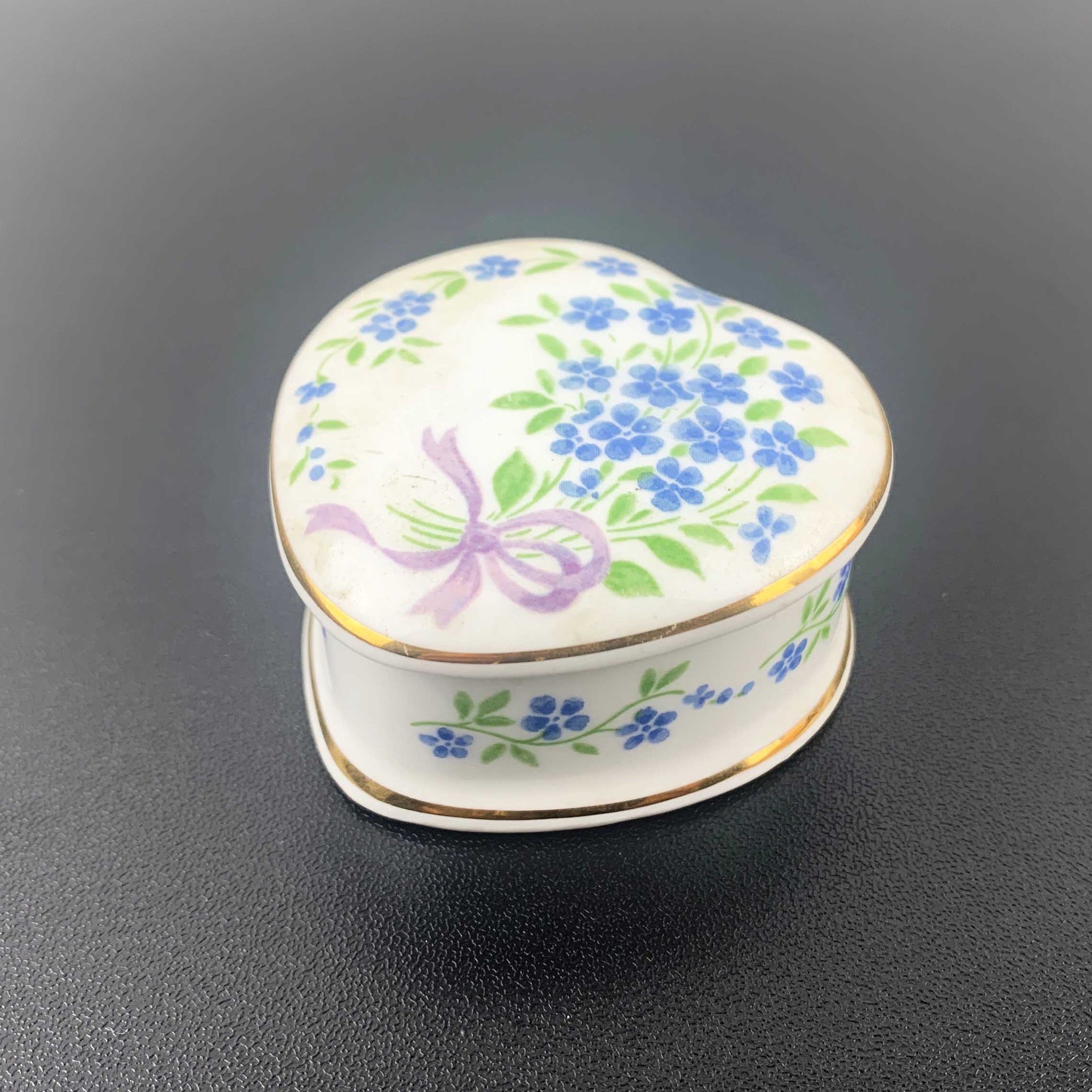 Falcon China lidded forget-me-not heart shaped trinket box