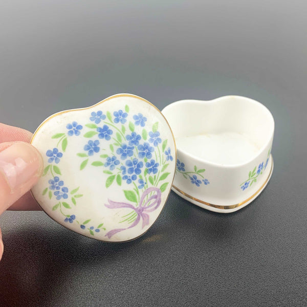 Falcon China lidded forget-me-not heart shaped trinket box