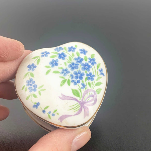 Falcon China lidded forget-me-not heart shaped trinket box