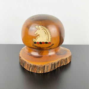 Australian Mulga wood bookends - St Margaret's Berwick Grammar logo