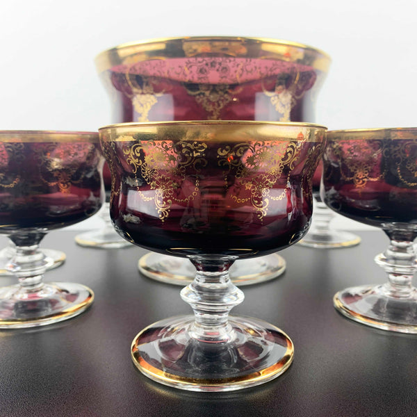 Murano 8 piece amethyst glass dessert bowl set with gold gilt detail