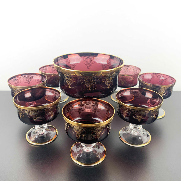 Murano 8 piece amethyst glass dessert bowl set with gold gilt detail
