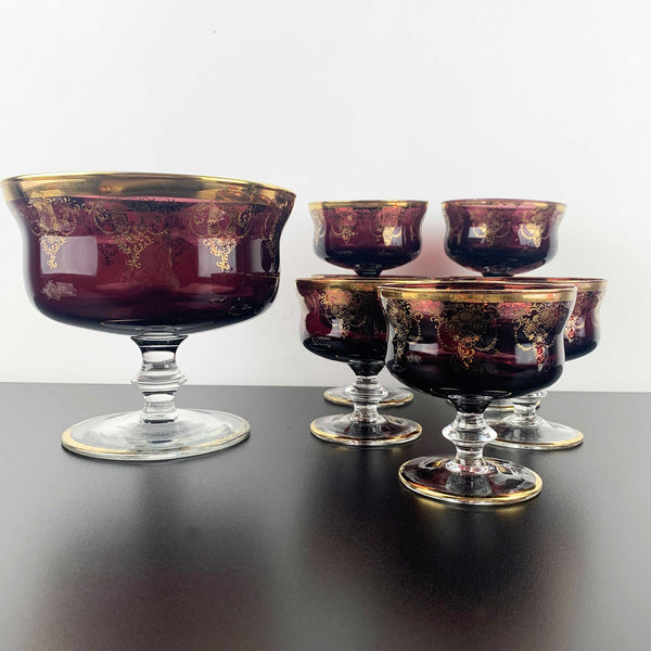 Murano 8 piece amethyst glass dessert bowl set with gold gilt detail