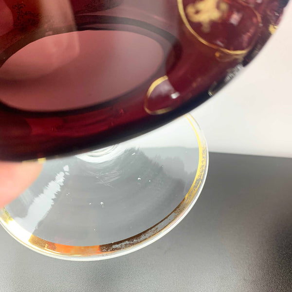 Murano 8 piece amethyst glass dessert bowl set with gold gilt detail