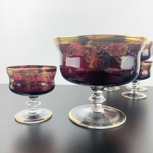 Murano 8 piece amethyst glass dessert bowl set with gold gilt detail