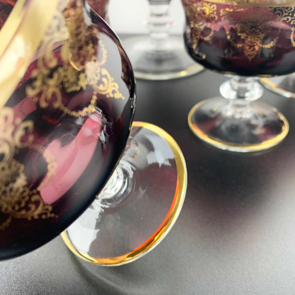 Murano 8 piece amethyst glass dessert bowl set with gold gilt detail