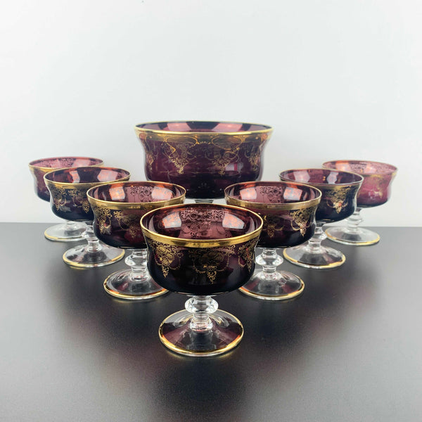 Murano 8 piece dessert bowl set in amethyst glass with gold gilt detail
