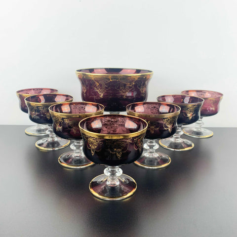 Murano 8 piece dessert bowl set in amethyst glass with gold gilt detail