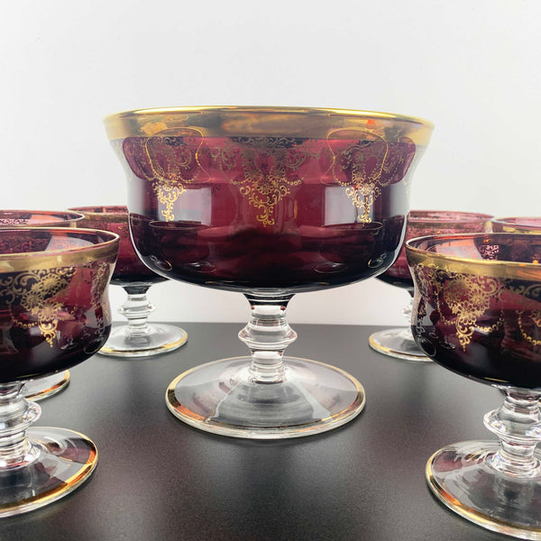 Murano 8 piece amethyst glass dessert bowl set with gold gilt detail