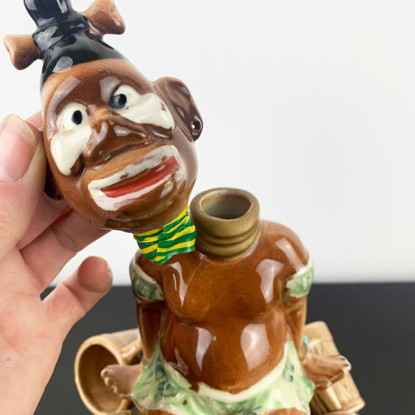 Mid century African Zulu style collectible decanter with shot cups