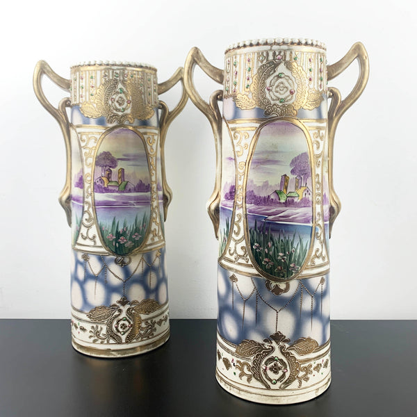 Hand painted antique Nippon art nouveau twin vases c.1910