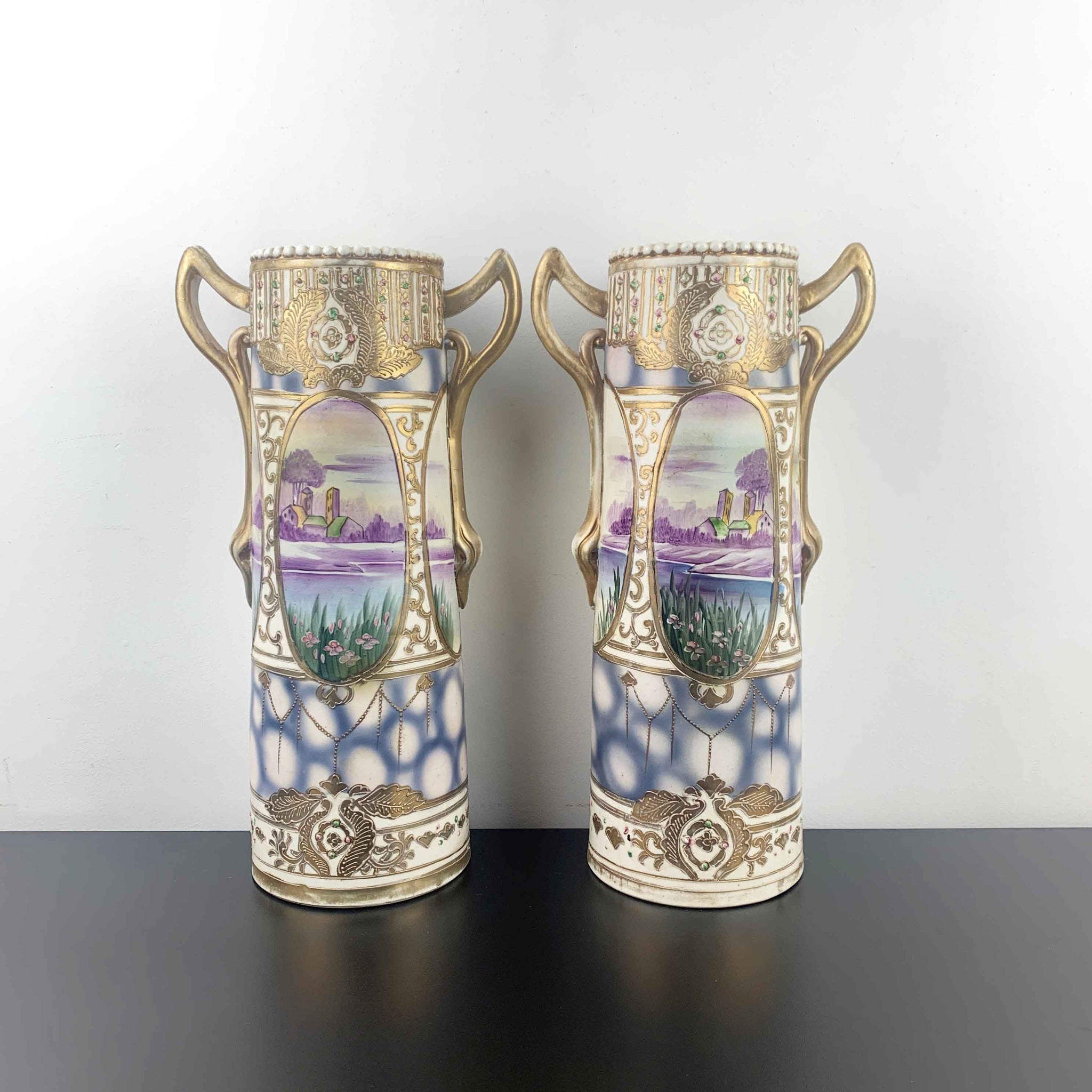 Hand painted antique Nippon art nouveau twin vases c.1910