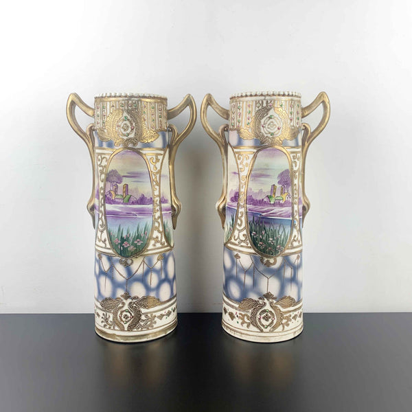 Hand painted antique Nippon art nouveau twin vases c.1910