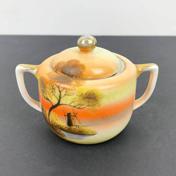 Noritake 'Windmill by the Lake' antique hand painted lidded sugar bowl