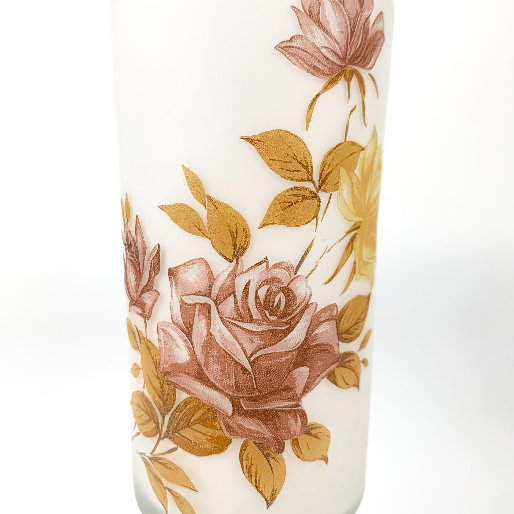 Frosted satin white stemmed vase floral detail