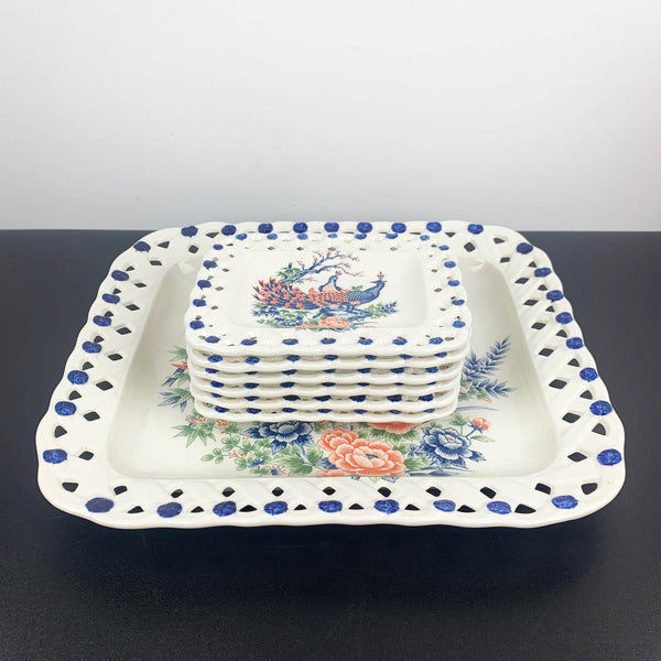 Peacock ceramic dessert serving set - 7 piece in original box
