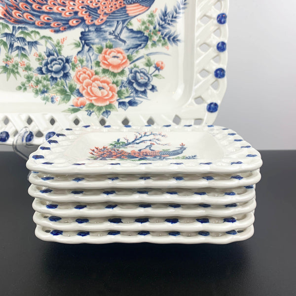 Peacock ceramic dessert serving set - 7 piece in original box