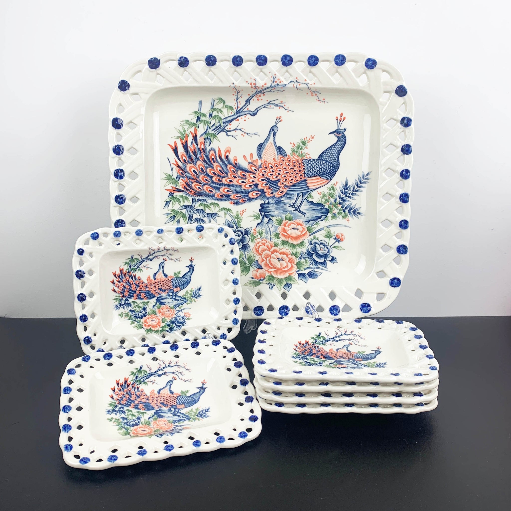 Peacock ceramic dessert serving set - 7 piece in original box