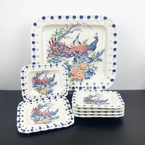 Peacock ceramic dessert serving set - 7 piece in original box