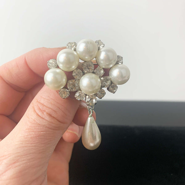 Vintage faux pearl and rhinestone brooch with teardrop