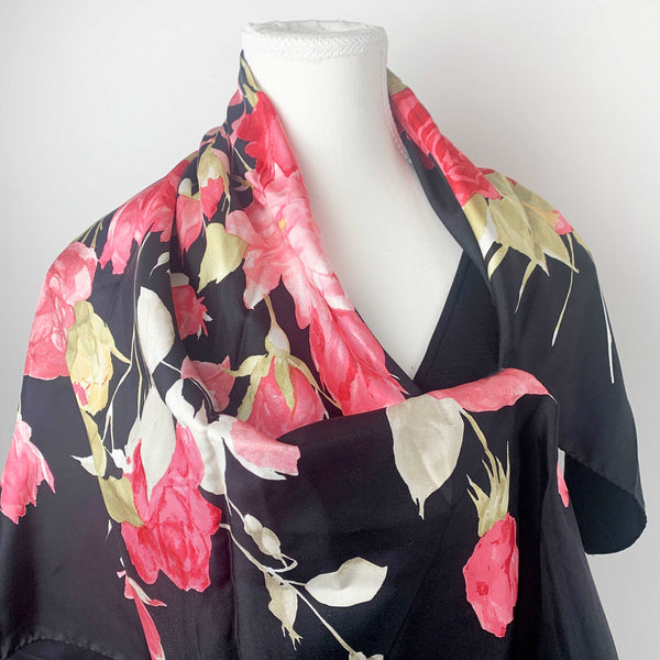Italian silk rose print square scarf in black